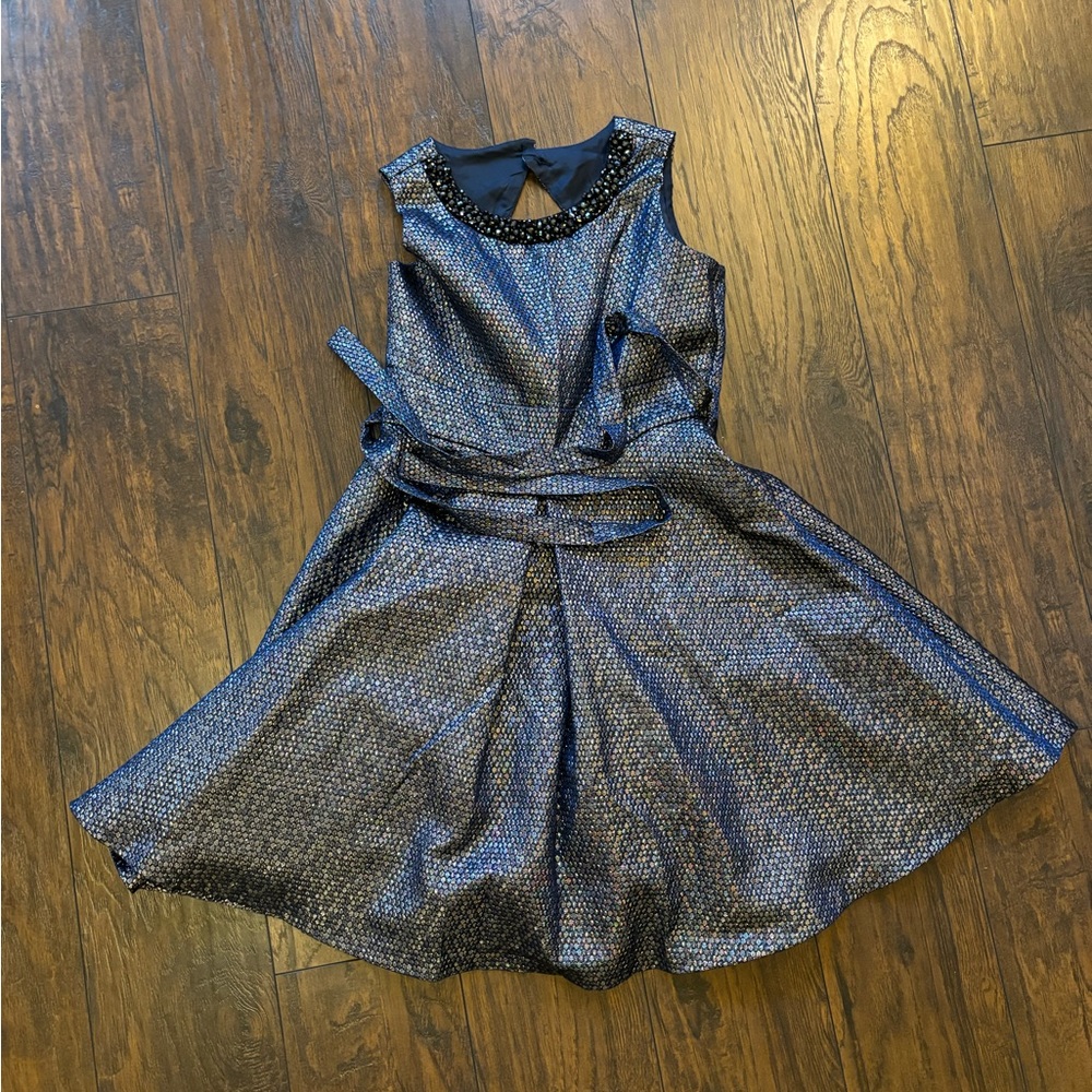 Sparkly navy A-line poofy blue dress with waist tie